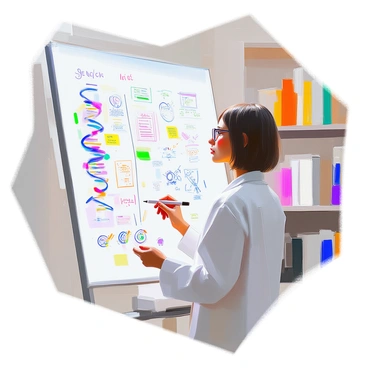A scientist with short hair and glasses stands in front of a large whiteboard that is filled with colorful diagrams, sketches, and notes pertaining to genetic engineering. She is wearing a lab coat and has a thoughtful expression as she holds a marker in her hand, ready to add her ideas. The whiteboard features complex illustrations of DNA structures, gene editing tools, and various annotations. The room is well-lit, with shelves in the background containing scientific books and equipment, creating a focused research environment.