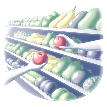 A grocery store's vegetable aisle filled with various fresh produce. In the center of the aisle, two hands are reaching for the same apple, which is a shiny red fruit sitting on the shelf. Each hand is from different individuals, suggesting a moment of surprise or curiosity. The background includes rows of vegetables, such as green bell peppers, yellow squash, and leafy greens arranged neatly on the shelves. The lighting highlights the freshness of the produce, creating an atmosphere of everyday interactions in a grocery setting.