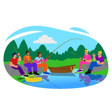 A diverse group of warriors, wearing colorful armor and holding fishing rods, sit around a serene lake. The warriors have various hairstyles and facial expressions, showcasing joy as they share stories and laughter. Some are casting their lines into the water, while others are leaning back on rocks, enjoying the scenery. The lake reflects the clear blue sky and is surrounded by lush green trees. A small wooden boat floats nearby with a fishing net draped over the side. Various fishing gear is scattered around, adding to the relaxed atmosphere.