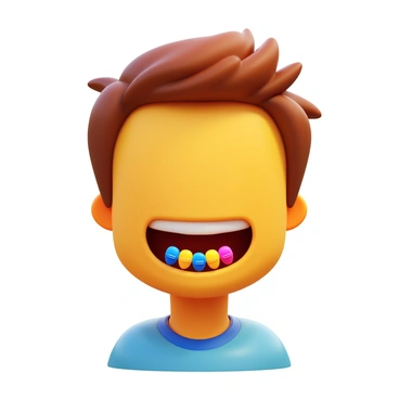 A teenager is smiling broadly, showcasing their newly applied colorful dental braces. The braces feature a variety of vibrant colors, including bright blue, cheerful yellow, and lively pink. The teenager has short, tousled hair and is wearing a casual t-shirt. Their joyful expression highlights the excitement of their new dental accessories. The background is softly blurred, emphasizing the teenager's face and braces.