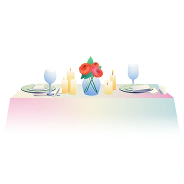 A dinner table is elegantly set for two, adorned with a soft, white tablecloth. On the table, there are two fine china plates, each with a delicate floral pattern. Crystal glasses shimmer beside the plates, reflecting the flickering light. At the center of the table, a small arrangement of red roses sits in a glass vase. Surrounding the vase are several lit candles of various heights, their flames casting a warm, inviting glow over the entire setting. A silver cutlery set is carefully placed beside the plates, and a pair of folded linen napkins rests on each plate, adding a touch of sophistication.