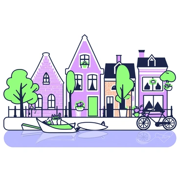 A canal in Amsterdam is bordered by charming old brick houses. The houses have pointed roofs and decorative windows. Along the water's edge, there are vibrant blooming flowers in pots and hanging baskets. A few small boats are moored at the side of the canal, and a bicycle leans against a railing nearby. A gentle reflection of the brick houses can be seen in the water, creating a picturesque scene.