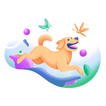 A whimsical flat illustration of a "playful golden retriever" with a joyful expression. The dog is shown in mid-leap, with its ears flapping and a wagging tail. Bright and bold colors bring out the golden hue of its fur, contrasting with a vibrant blue background. The retriever is surrounded by playful elements like colorful balls and butterflies, enhancing the cheerful atmosphere of the scene.