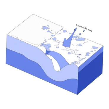 An illustration of subduction in motion. A tectonic plate is being forced beneath another plate at a convergent boundary. Arrows indicate the direction of movement, with one arrow showing the descending plate moving downwards into the mantle. The upper plate is slightly lifted, showcasing a trench where the plates meet. The ocean floor is depicted with ridges and geological features, while the surrounding areas highlight the effects of the subduction process, including volcanic formations.