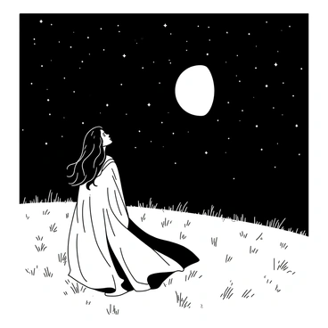 A figure resembling "Lucifer" stands in an open field, gazing up at the night sky. The moon is partially obscured by the Earth, creating a dramatic lunar eclipse. The field is dotted with tall grass swaying gently in the breeze. The sky is filled with stars that twinkle against the backdrop of the darkened moon. "Lucifer" is depicted with flowing dark hair, wearing a long cloak that billows around him. His expression is one of awe and contemplation as he marvels at the celestial event unfolding above him.