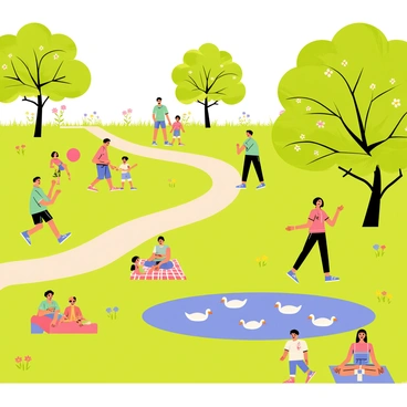 A lush, green park in Bangalore with vibrant trees and colorful flowers scattered throughout. In the foreground, a group of children are playing with a bright red ball, while a couple sits on a picnic blanket under a large tree. Nearby, a man is jogging along a winding path, and a woman is practicing yoga on a mat. In the background, a small pond reflects the clear blue sky, with ducks swimming peacefully. The scene is filled with people enjoying various outdoor activities, creating a lively atmosphere.