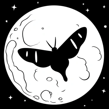 A detailed silhouette of a "death's-head hawkmoth" with prominent wing patterns is depicted in flight, soaring across a large, "full moon." The moon's surface features a textured appearance with craters and valleys clearly outlined. The composition highlights the moth's intricate shape against the moon's luminous backdrop, with stars scattered in the background, adding to the celestial atmosphere.