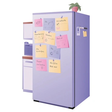 A digital flat illustration of a refrigerator covered with colorful sticky notes. Each sticky note has handwritten reminders related to paying upcoming bills. The notes are in various colors, including yellow, pink, and blue. Some notes have reminders like "Pay electricity bill" and "Rent due soon," written in black ink. A few notes also have small doodles and checkboxes next to the reminders. The refrigerator is silver and has a few magnets holding additional notes on the door. There is a small digital clock on the countertop next to the fridge, displaying the current time. A kitchen background can be seen with a small plant on the shelf above the refrigerator.