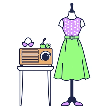 A stylish vintage outfit is displayed prominently on a mannequin. The outfit consists of a fitted, patterned dress with a flared skirt, cinched at the waist with a decorative belt. Beside the mannequin, there is a classic radio with a wooden finish, featuring large dials and a speaker grill. The background includes a small decorative table with a few vintage accessories, such as a pair of cat-eye sunglasses and a beaded handbag. The overall composition highlights the outfit as a fashionable statement piece in a nostalgic setting.