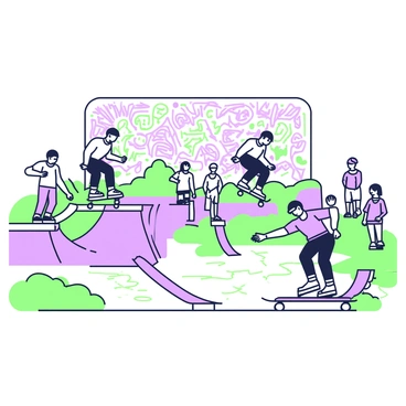 A skatepark scene with multiple skateboarders executing tricks on ramps and rails. One skateboarder is performing an ollie while another is grinding along a rail. In the background, a large wall is covered in intricate graffiti art featuring various designs and colorful patterns. The ground of the skatepark is textured with cracks and markings, while several spectators are gathered nearby, watching the action unfold. A vibrant atmosphere fills the space as skaters navigate the ramps with energy and enthusiasm.