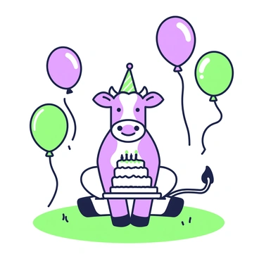 A cow is sitting on a grassy field, wearing a colorful party hat decorated with patterns. The cow has a cheerful expression, and its ears are perked up. Surrounding the cow are several balloons floating in the air, with strings trailing downwards. In front of the cow, there is a large cake on a table, adorned with frosting and candles. The scene captures the playful atmosphere of a celebration, with a vibrant array of balloons and the inviting cake.