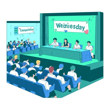 A teal school auditorium is filled with rows of students sitting in blue chairs, all attentively watching the stage. On the stage, a group of judges is seated at a long blue table, looking over a list of words. A student stands in front of the judges, confidently spelling out a word into a microphone. Banners hang from the ceiling, displaying the words "Spelling Bee Competition," with colorful decorations around the stage. The audience shows various expressions of excitement and concentration as they participate in this Wednesday event. The lighting highlights the stage area, creating a vibrant atmosphere for the competition.