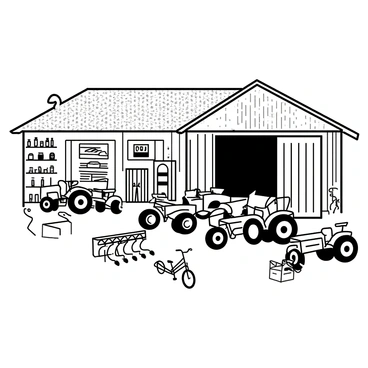 A rustic barn-style garage with wooden beams and a large open entrance. Inside, there are several tractors, each distinct in shape and size, parked neatly on the dirt floor. Various pieces of farm equipment, including a plow and a cultivator, are positioned along the walls. The interior is cluttered with tools hanging from hooks and shelves filled with jars and supplies. Sunlight streams in through the open entrance, casting shadows across the floor. There is a bicycle leaning against one wall, adding to the homey atmosphere.