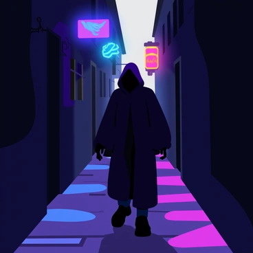 A shadowy figure wearing a long cloak walks down a narrow alleyway. The alley is lined with colorful glowing signs in various shapes and sizes, casting vibrant shadows on the cobblestone ground. Dark, towering buildings flank both sides, creating a sense of enclosure. The figure has a hood that obscures their face, adding to the air of mystery. A faint mist swirls around the ground, enhancing the enigmatic atmosphere of the scene.