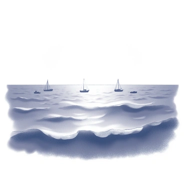 A vast sea with gentle, undulating waves. The surface of the water reflects the bright, intense light of the sun. The sky above is clear, with minimal clouds, enhancing the brightness of the day. There are a few small boats floating peacefully on the water, their sails furled, indicating the minimal winds in the area. In the background, a distant horizon stretches out, marking the boundary where the sea meets the sky.
