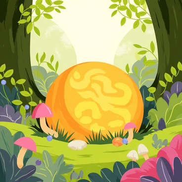 A "mystical dragon ball" that is half-buried in the "lush, enchanted forest floor." The "forest floor" is rich with various shades of green, featuring vibrant ferns and colorful flowers. The "dragon ball" is a glowing orb with intricate designs, surrounded by soft, dappled sunlight filtering through the leaves above. Small patches of moss and delicate mushrooms are growing around the orb, adding to the magical atmosphere of the scene.