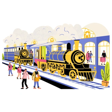 A bustling train station filled with passengers and vintage steam locomotives. The station features intricate brass machinery, including gears and levers prominently displayed. Smoke billows from the smokestacks of the trains, creating a dynamic atmosphere. People are seen hurrying to and from the platforms, some carrying luggage, while others are waiting for their trains. Ornate architectural details, such as arched windows and decorative columns, frame the scene, contributing to the lively energy of the train station.