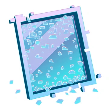 A window pane shattered into a thousand glimmering pieces, scattering shards in a chaotic yet beautiful pattern across the ground. Each piece reflects light, creating a dazzling array of colors that appear to dance in the air. The surrounding frame is splintered, with some fragments still clinging to the edges. There are hints of a dusky sky visible through the gaps, adding a sense of contrast to the scene. The area around the window is slightly blurred, emphasizing the chaos of the shattered glass.