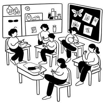 Students seated at wooden desks, each focused on their drawings of butterflies. Various sketches of butterflies are visible on their papers, showcasing different shapes and sizes. Some students are using pencils, while others are employing charcoal to create their art. A large blackboard behind them displays a variety of butterfly images for reference. The classroom is filled with art supplies, including erasers, sharpeners, and jars of pencils. The atmosphere reflects concentration and creativity.