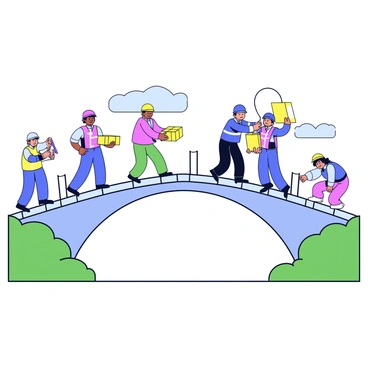 A symbolic bridge under construction, showcasing various architectural elements like arches and beams. People of different ethnicities are working together, each wearing safety helmets and construction vests. Some are lifting heavy materials, while others are using tools to secure the structure. The background features a clear sky, implying a bright day, with greenery visible on either side of the building site.