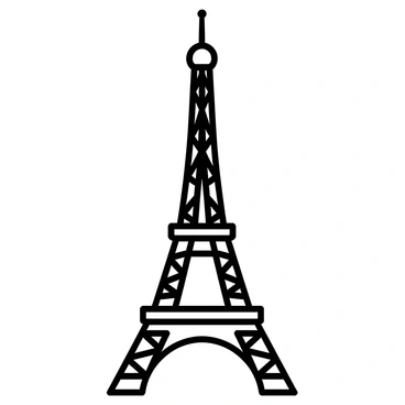 A minimalistic outline of the Eiffel Tower, featuring its distinctive lattice structure, rising prominently. The outline is drawn in black against a plain white sky, emphasizing the tower's iconic silhouette. The background is devoid of any clouds or additional elements, creating a stark contrast that highlights the tower's shape.