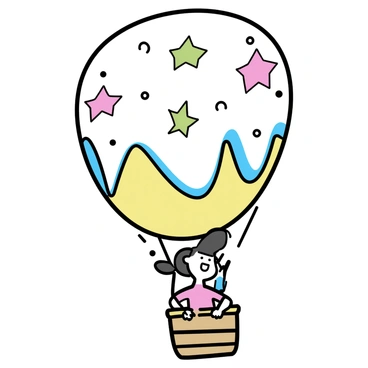 A whimsical hot air balloon, featuring an oversized round shape, floats gracefully in the sky. The balloon is adorned with vibrant patterns of stars, stripes, and dots in various colors including red, blue, yellow, and green. A child, wearing a bright red shirt and blue shorts, peeks curiously from the wicker basket, with a joyful expression on their face. The sun casts soft light on the scene, highlighting the cheerful colors of the balloon and the child's features.