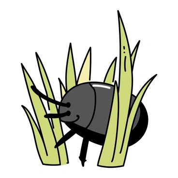 A "Hercules beetle" with a shiny black exoskeleton is nestled among "tall green grass blades". The grass blades are vibrant and reach upwards, surrounding the beetle. The sunlight filters through the grass, creating soft shadows on the ground. The beetle's distinctive horns are slightly visible, enhancing its camouflage against the greenery.