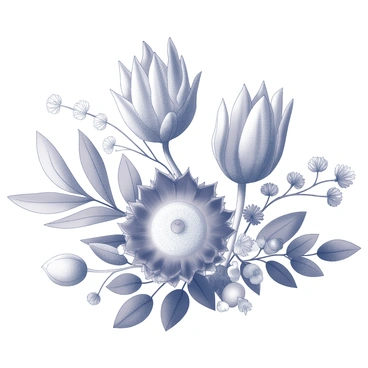 A floral arrangement prominently displaying several "protea flowers" at the center, showcasing their unique, spiky petals. Surrounding the protea are "eucalyptus leaves," which have a distinctive round shape and provide a textured contrast. Interspersed among the foliage are "wildflowers" of varying sizes and shapes, adding delicate features to the composition. The arrangement is designed to highlight the natural beauty and unique characteristics of each flower, creating a balanced, cohesive display.