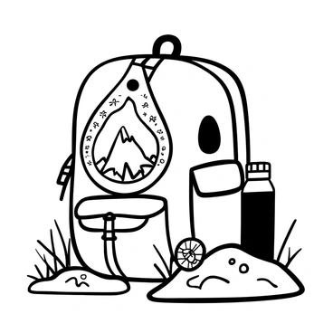 A locket shaped like a teardrop, featuring a detailed engraving on its surface, hangs from a sturdy strap attached to a hiker's backpack. The locket is slightly open, revealing a small photo of a jagged mountain peak inside, surrounded by intricate floral patterns on the inner edges. The backpack is made of durable fabric, with various compartments and a water bottle holder on the side. Nearby, a compass lies on a flat rock, with hints of wildflowers growing around it.