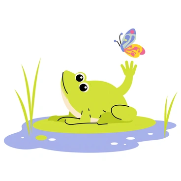A cute frog with bright green skin and large, expressive eyes is reaching up with one webbed hand towards a butterfly. The butterfly has colorful wings adorned with patterns of blue and orange. The frog is positioned on a lily pad surrounded by a gentle pond with soft ripples. Tall grasses frame the scene in the background, adding depth to the illustration. The butterfly is hovering just above the frog's reach, creating a sense of interaction between the two creatures.