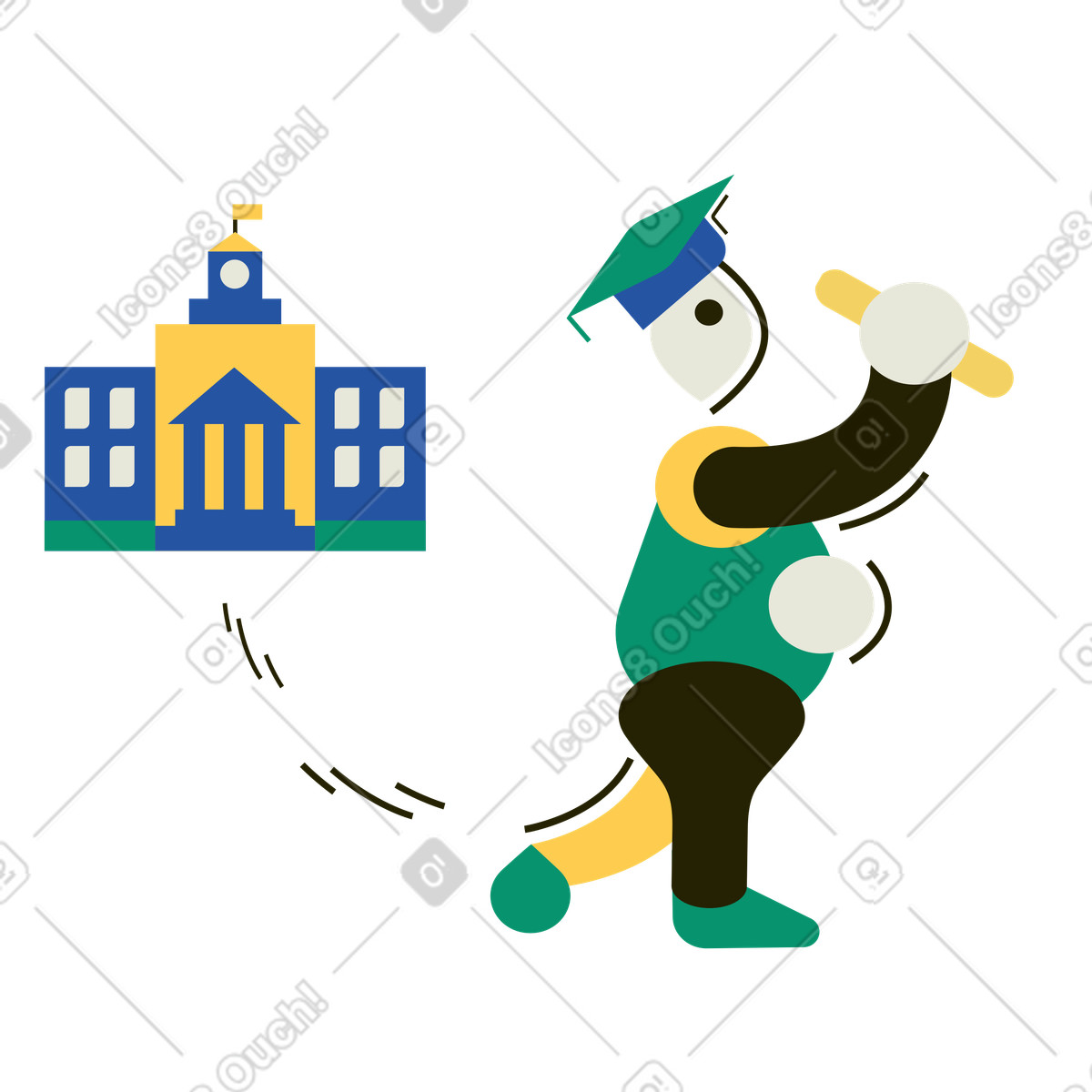 Illustration Étudiant diplômé avec diplôme s'éloignant du bâtiment universitaire dans le style Spot à télécharger aux formats PNG, SVG