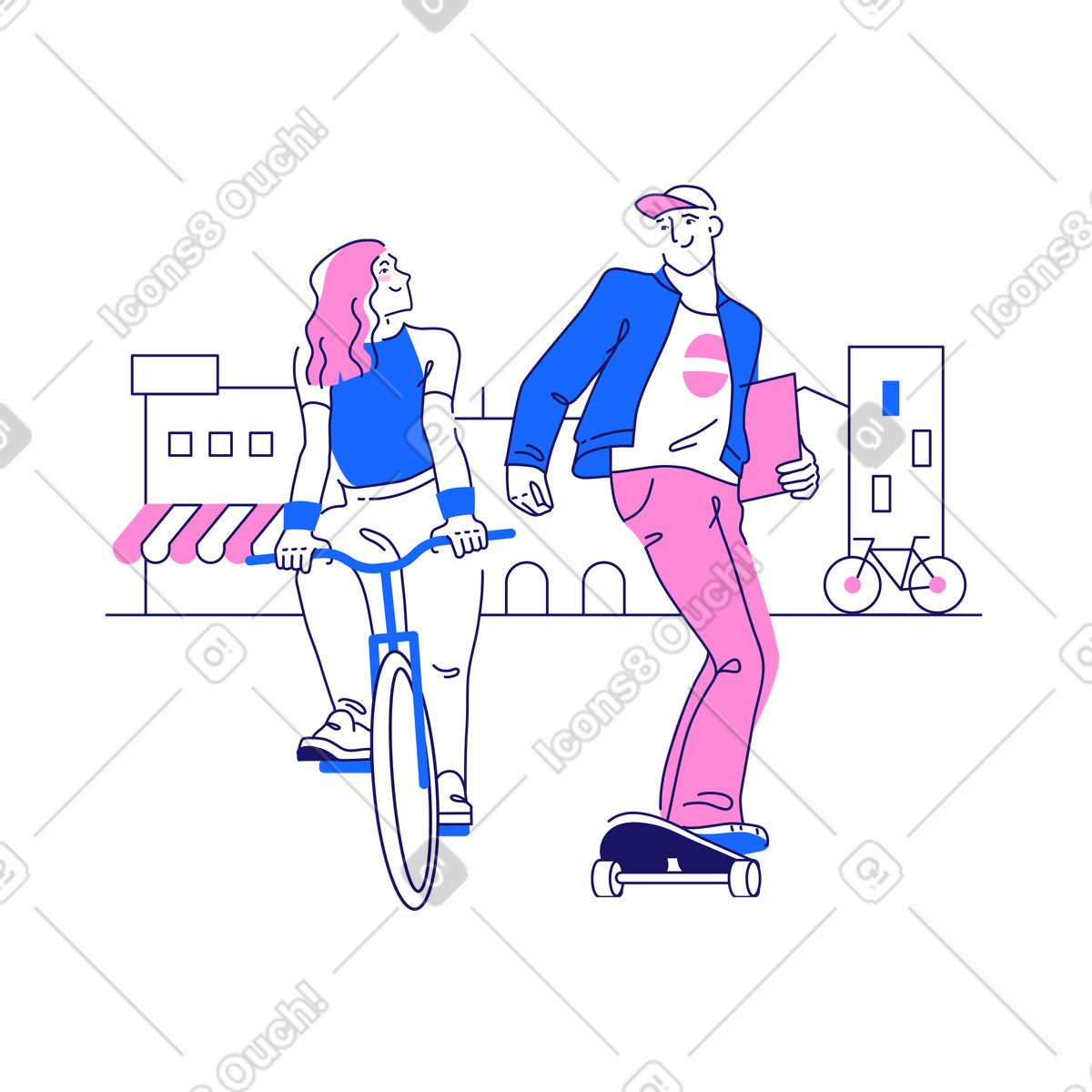 Ilustração de Garota bicicleta e cara skate contra o pano fundo uma paisagem urbana em no estilo Matey para baixar em PNG, SVG