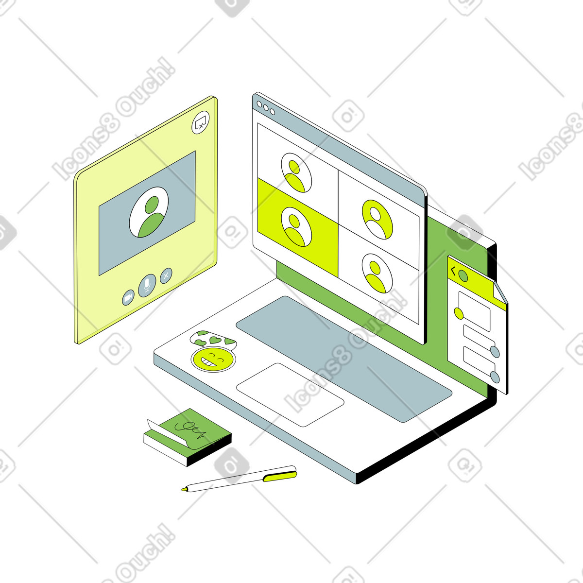 Online meeting on video call illustration in Isometric style download in PNG, SVG