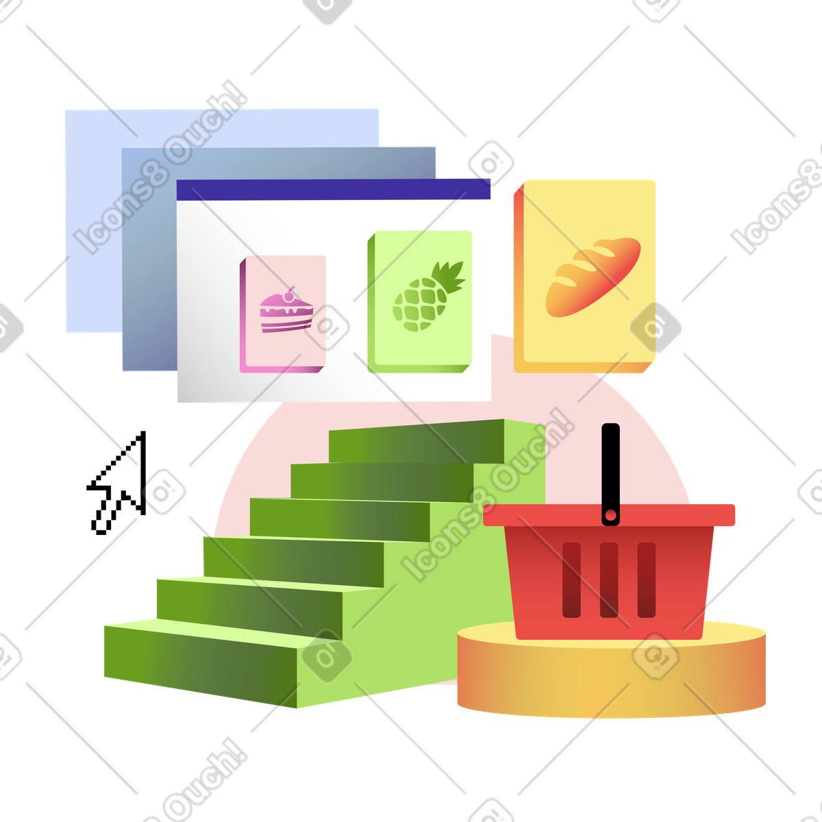 Online grocery shopping interface with basket, Digital food purchasing illustration in Levels style download in PNG, SVG