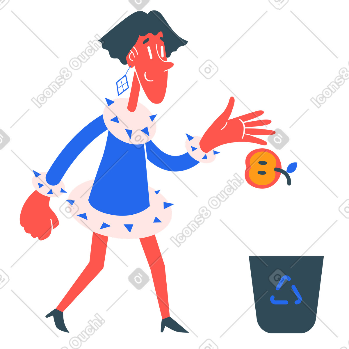Woman throwing an apple into a recycling bin illustration in Kingdom style download in PNG, SVG