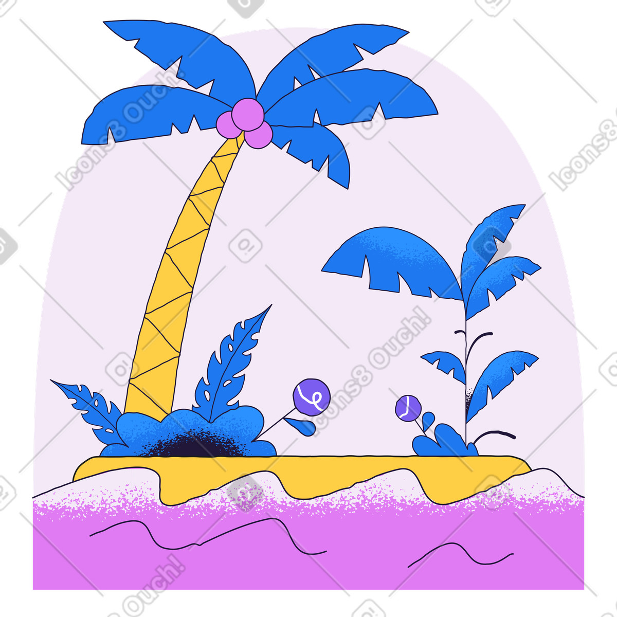 Illustration Île exotique entourée d'eau dans le style Conifer à télécharger aux formats PNG, SVG