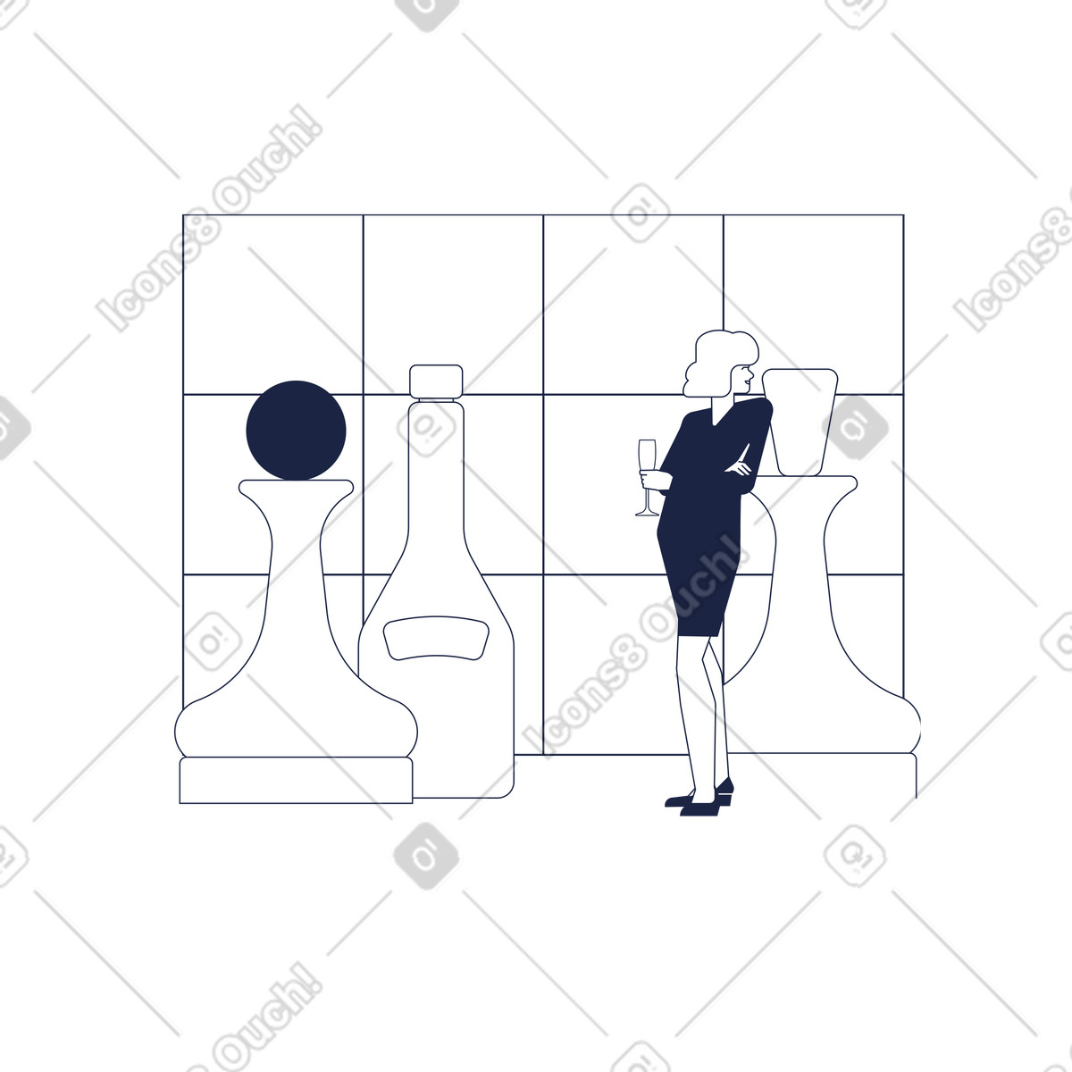 Business professional standing next to giant chess pieces, strategy and decision making illustration in Urban Line style download in PNG, SVG