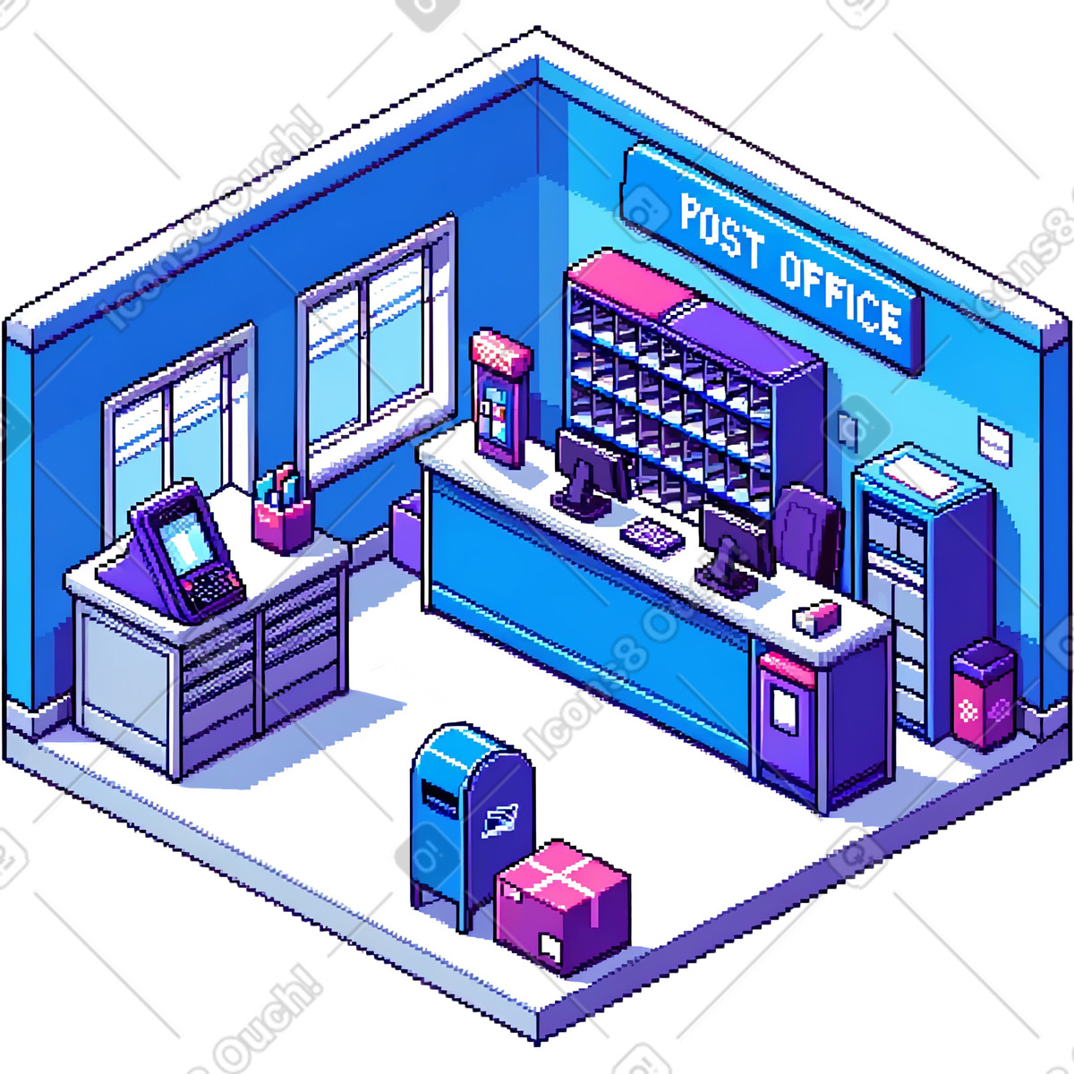 Post office interior with counter illustration in Rooms style download in PNG, SVG
