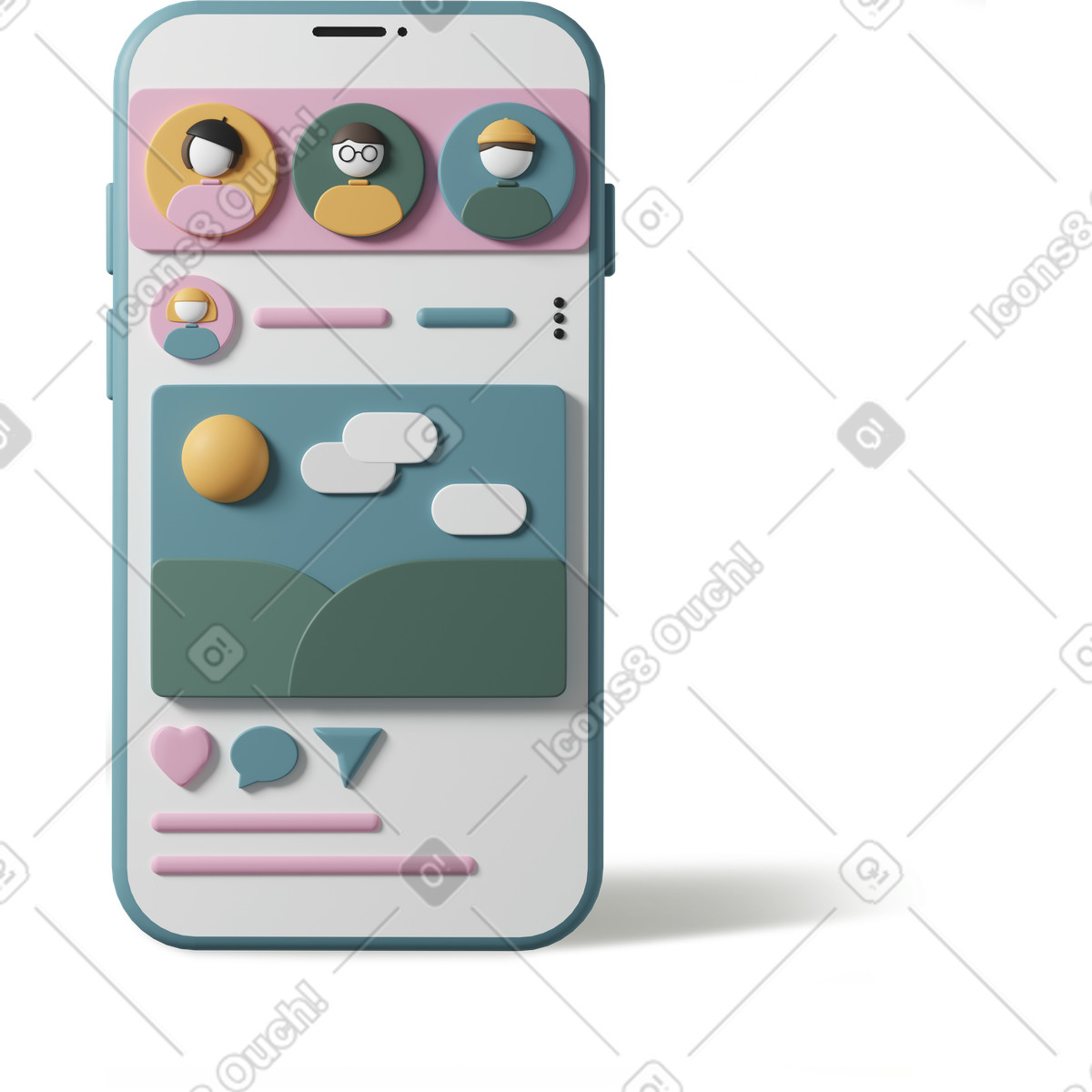 下载 3D Casual life 风格的 Smartphone display with instagram 插画，支持 PNG、SVG 格式