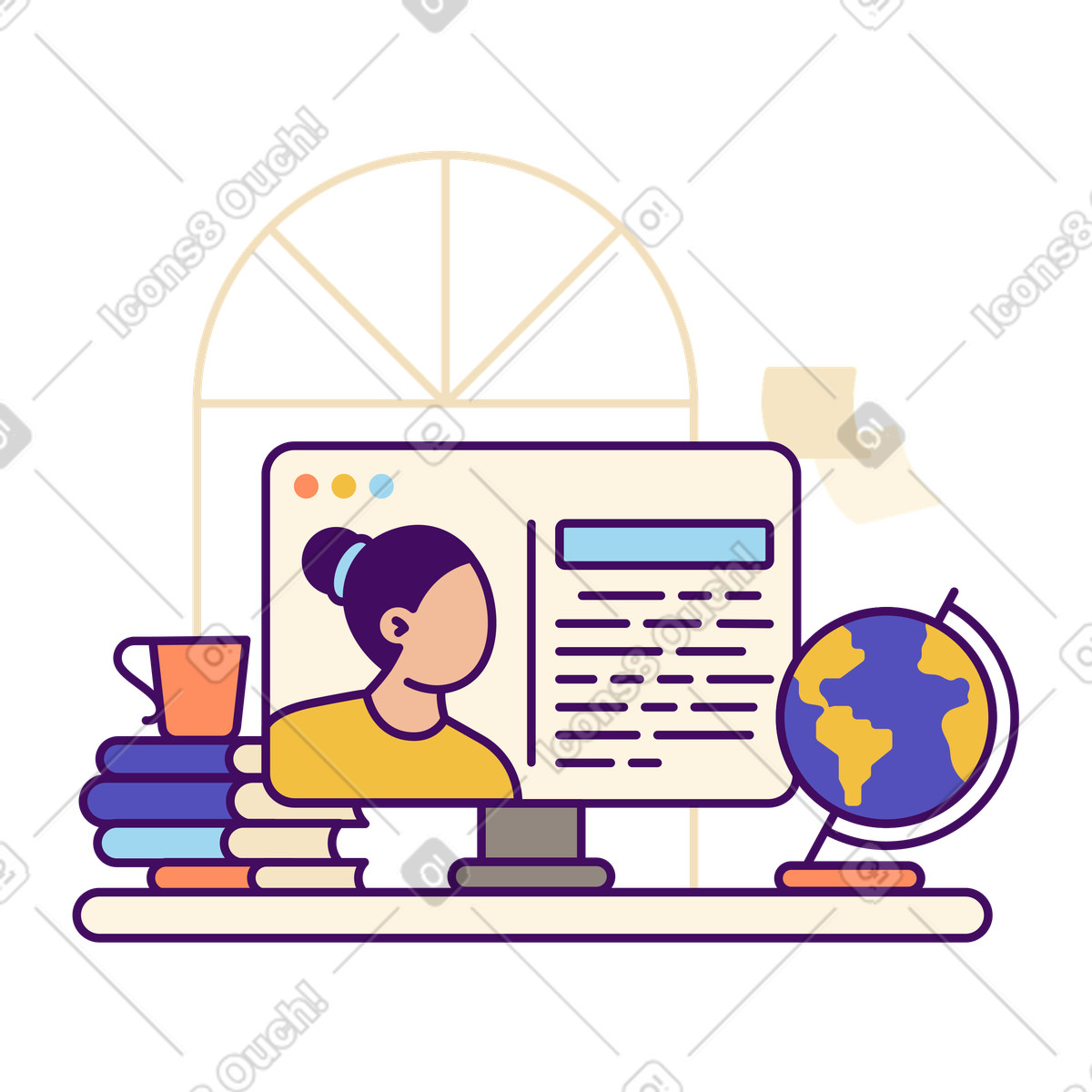 Study environment and monitor with online teacher, E-learning and remote education illustration in Simplistic style download in PNG, SVG