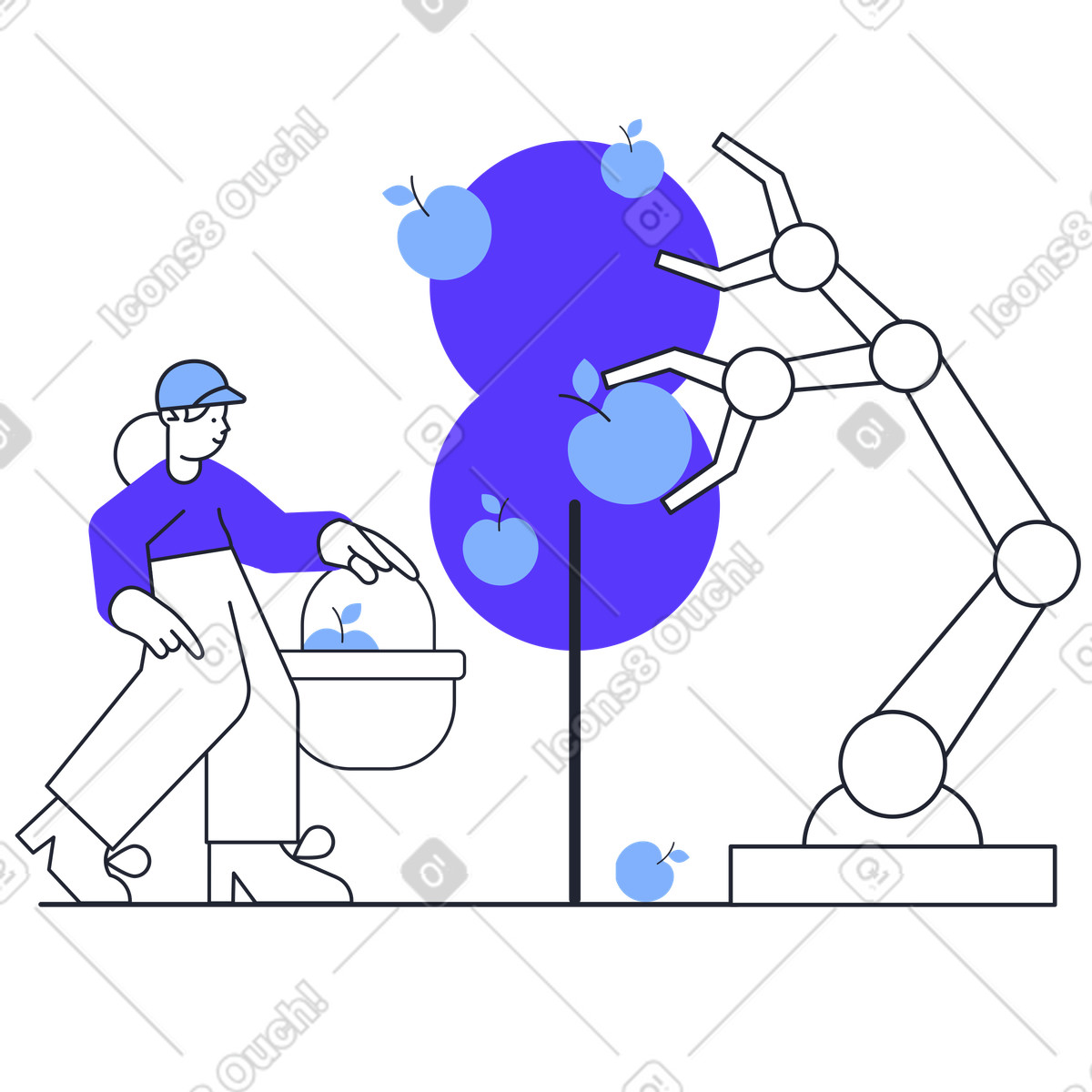 Ilustración Jardinero robot ayudando a cosechar manzanas en estilo Pablita descargar en PNG y SVG