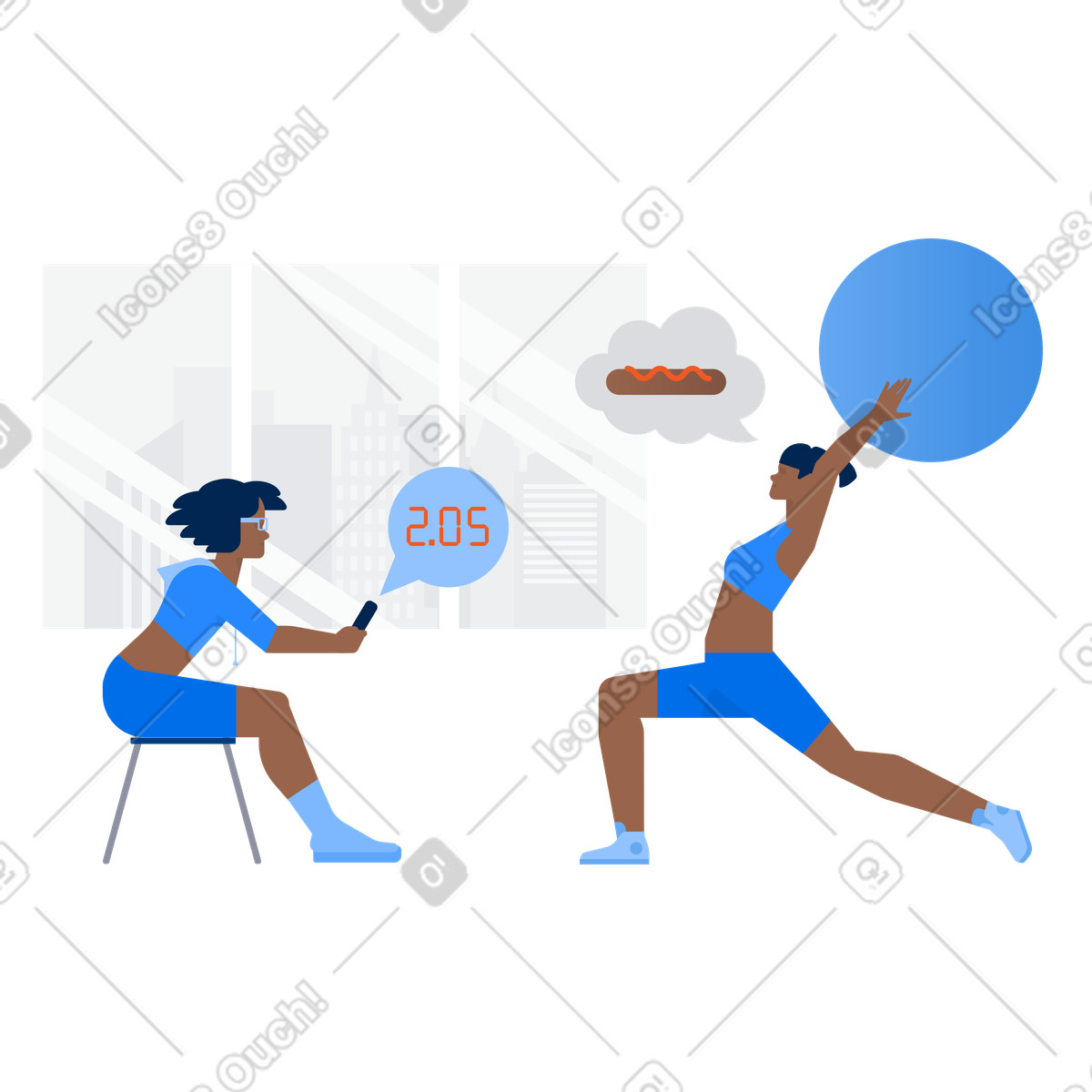 Illustration Une femme soulève un ballon de gym et entraîneur fitness regarde le temps dans style Urban à télécharger aux formats PNG, SVG