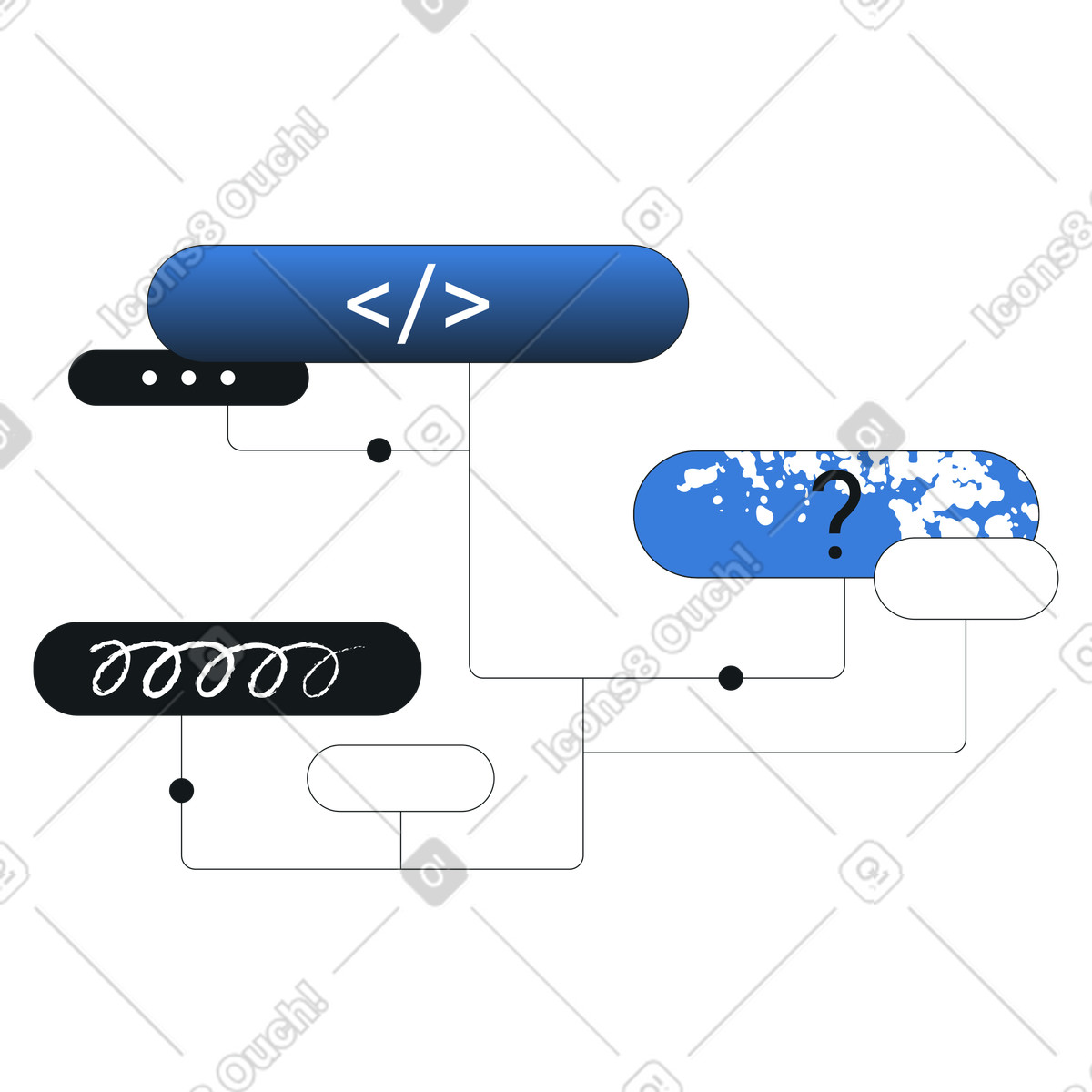 Diagram with code symbols and connectors, Programming workflow and logic visualization illustration in PNG, SVG
