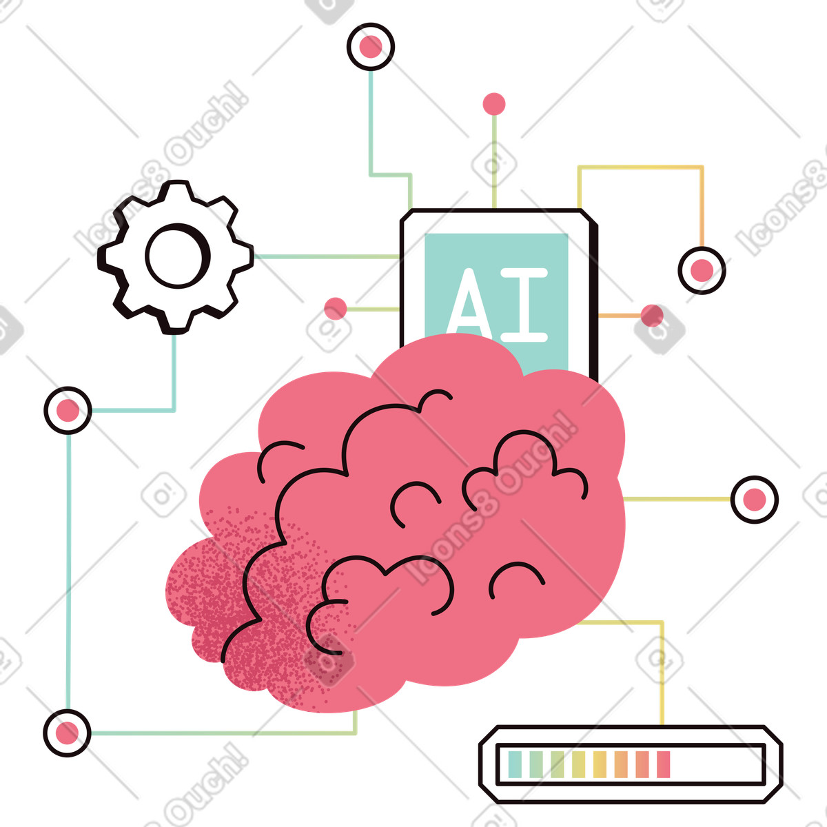 Brain and AI microchip with gear, Automation smart system-Illustration im Delight-Stil als Download in PNG, SVG