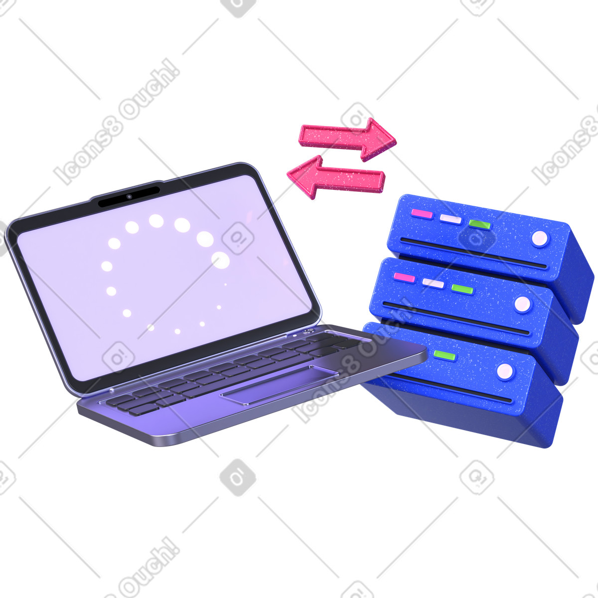 Sincronizzazione del laptop con lo stack server, trasferimento dati e illustrazione in stile 3D Boost scarica in PNG, SVG