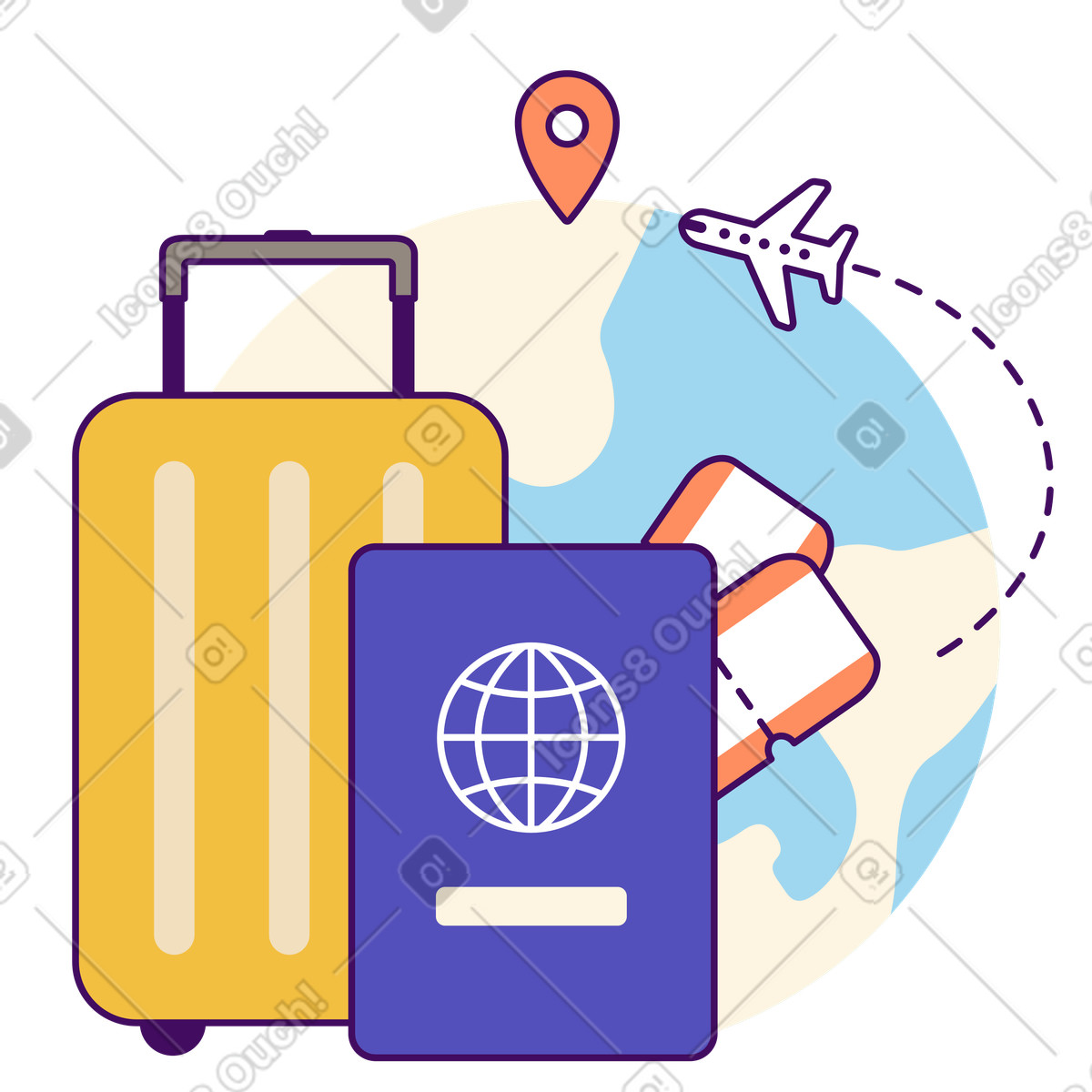 Luggage, boarding passes, passport and globe, Vacation planning worldwide travel illustrazione animata in stile Simplistic scaricabile in GIF, Lottie (JSON), AE
