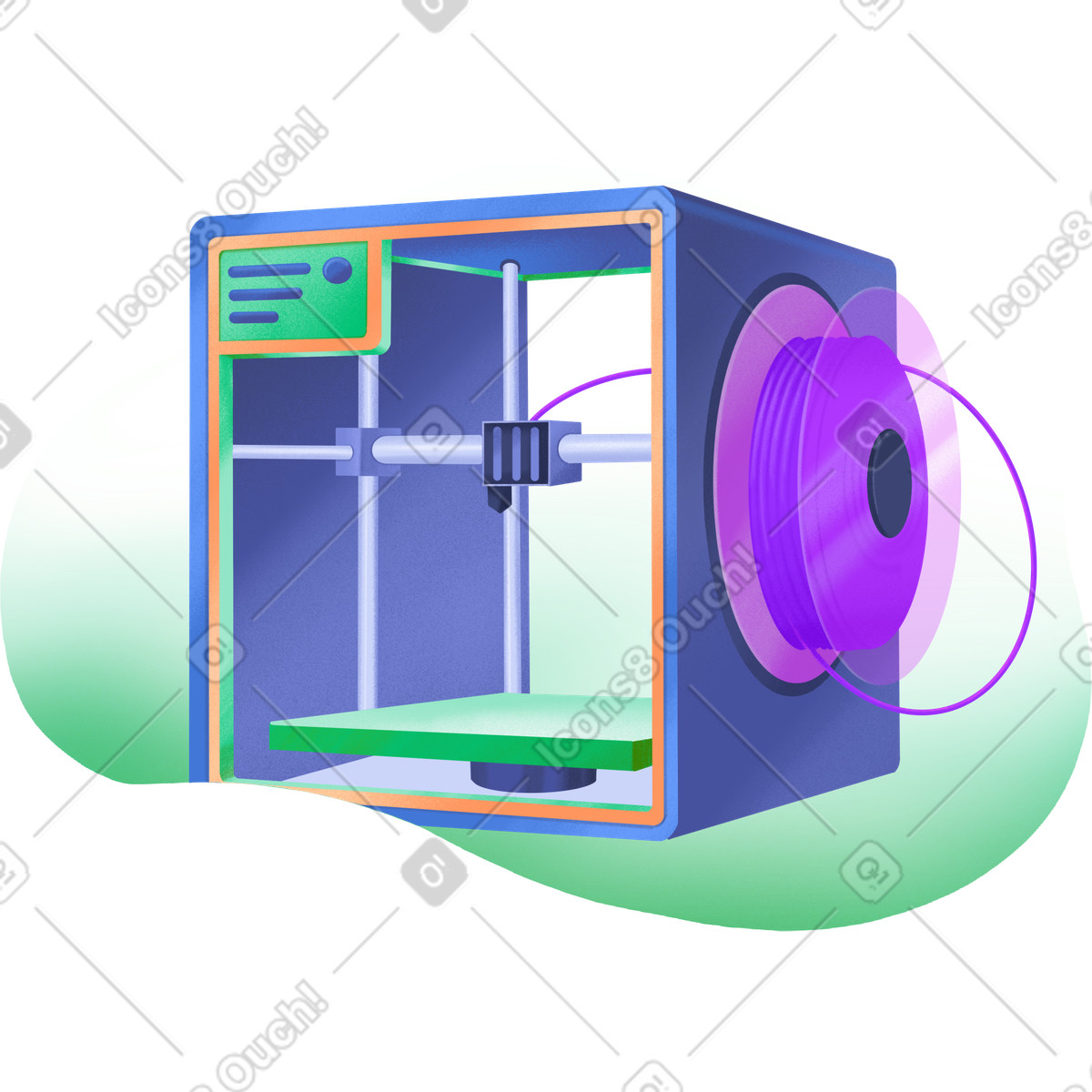 Large blue 3d printer with purple coil illustration in Smart style download in PNG, SVG