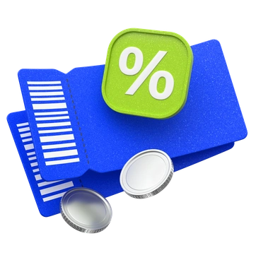 Discount tags and coins on blue folders - 3D Enterprise style illustration