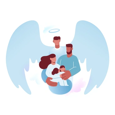 An angel with large, sweeping wings is standing protectively over a small family. The family consists of a mother, a father, and a child, all huddled closely together under the angel's wings. The angel's wings are fully extended, creating a dome-like shape above the family. The mother is holding the child's hand, while the father stands beside them with his arm around them. The background is filled with soft, gradient pastel colors that blend harmoniously, enhancing the protective atmosphere surrounding the family.