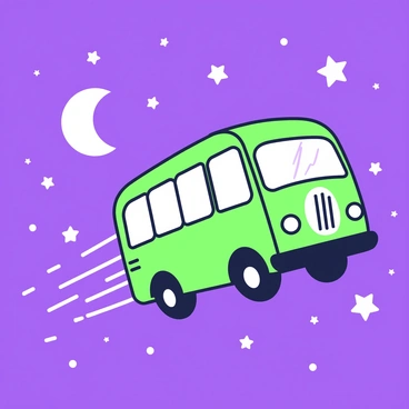 A cartoon bus is soaring through a night sky filled with stars. The bus is bright and whimsical, featuring large windows and a smiling front. As it flies, it leaves behind sparkling trails that shimmer in the darkness, creating a sense of movement. The stars twinkle around the bus, varying in size and brightness, enhancing the magical atmosphere of the scene. The moon is also visible, casting a gentle light across the sky, adding to the overall enchanting setting.